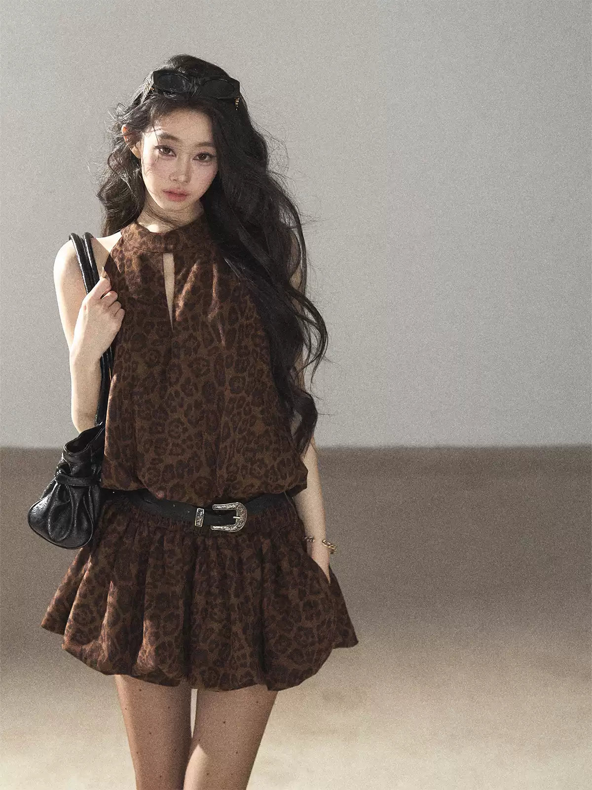 AOMALM - Merlot Leopard Print Bubble Sleeve Dress with Vintage Belt