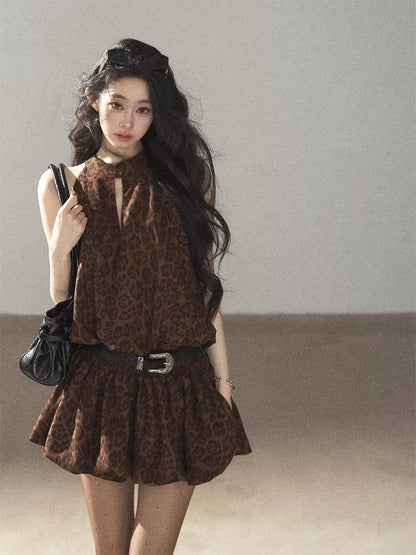 AOMALM - Merlot Leopard Print Bubble Sleeve Dress with Vintage Belt