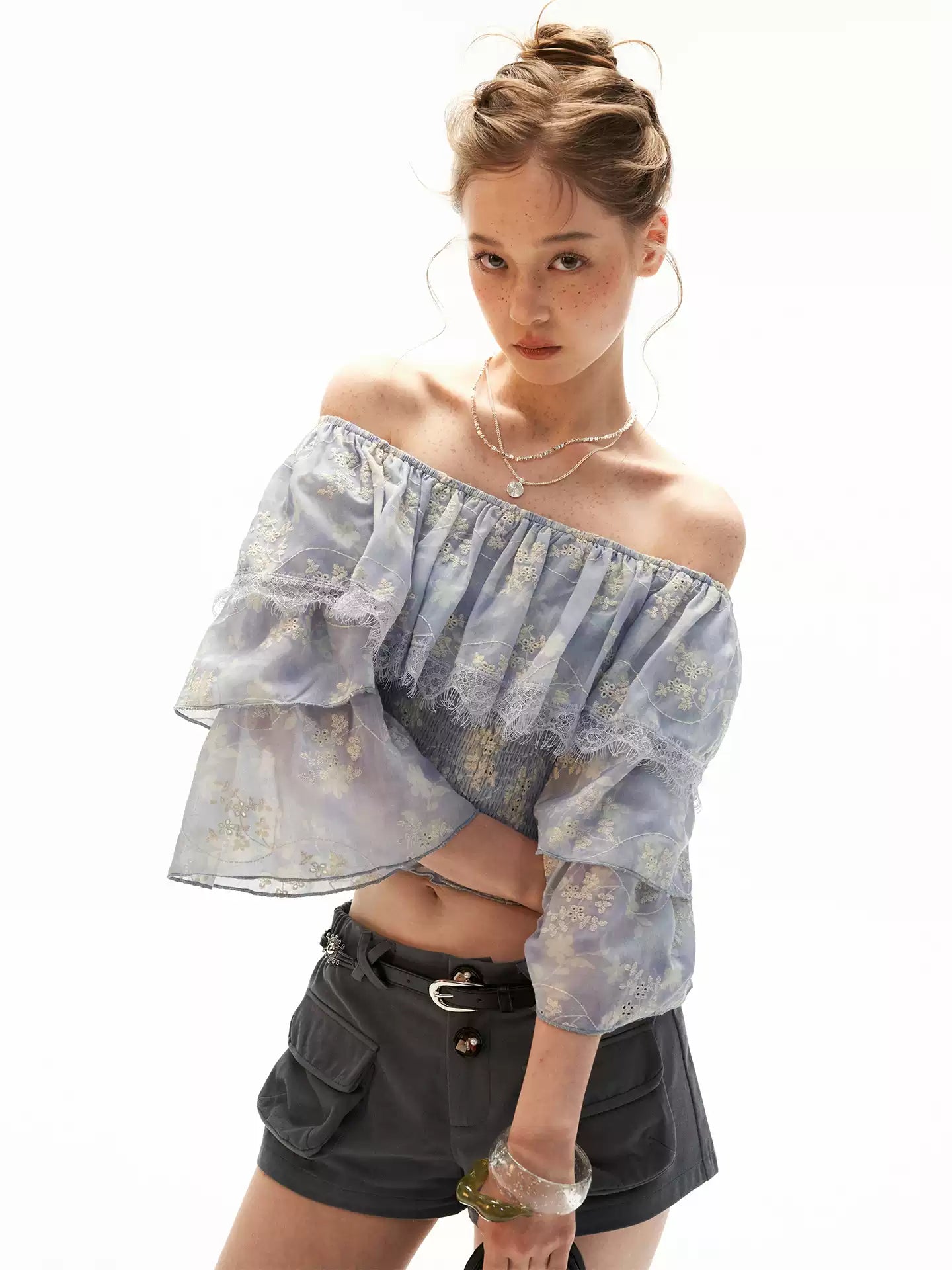 Lavender Floral Off-Shoulder Ruffle Crop Top