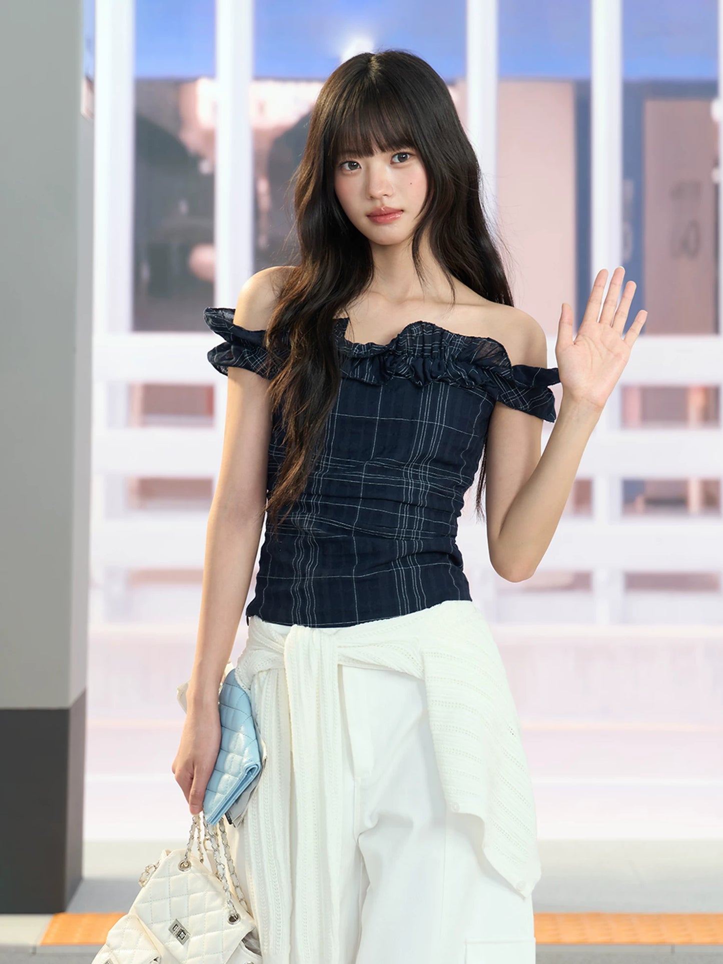"Vintage Arrival" Navy Plaid Off-Shoulder Ruffle Top