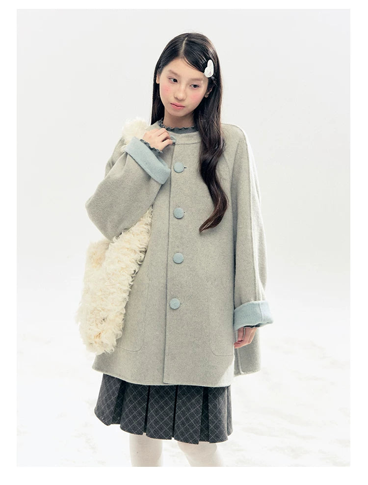 "Double Winter Embrace" Blue & Gray Reversible Wool-Blend Cape Coat