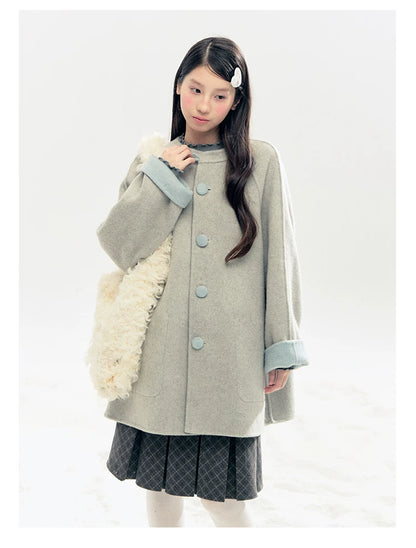 "Double Winter Embrace" Blue & Gray Reversible Wool-Blend Cape Coat