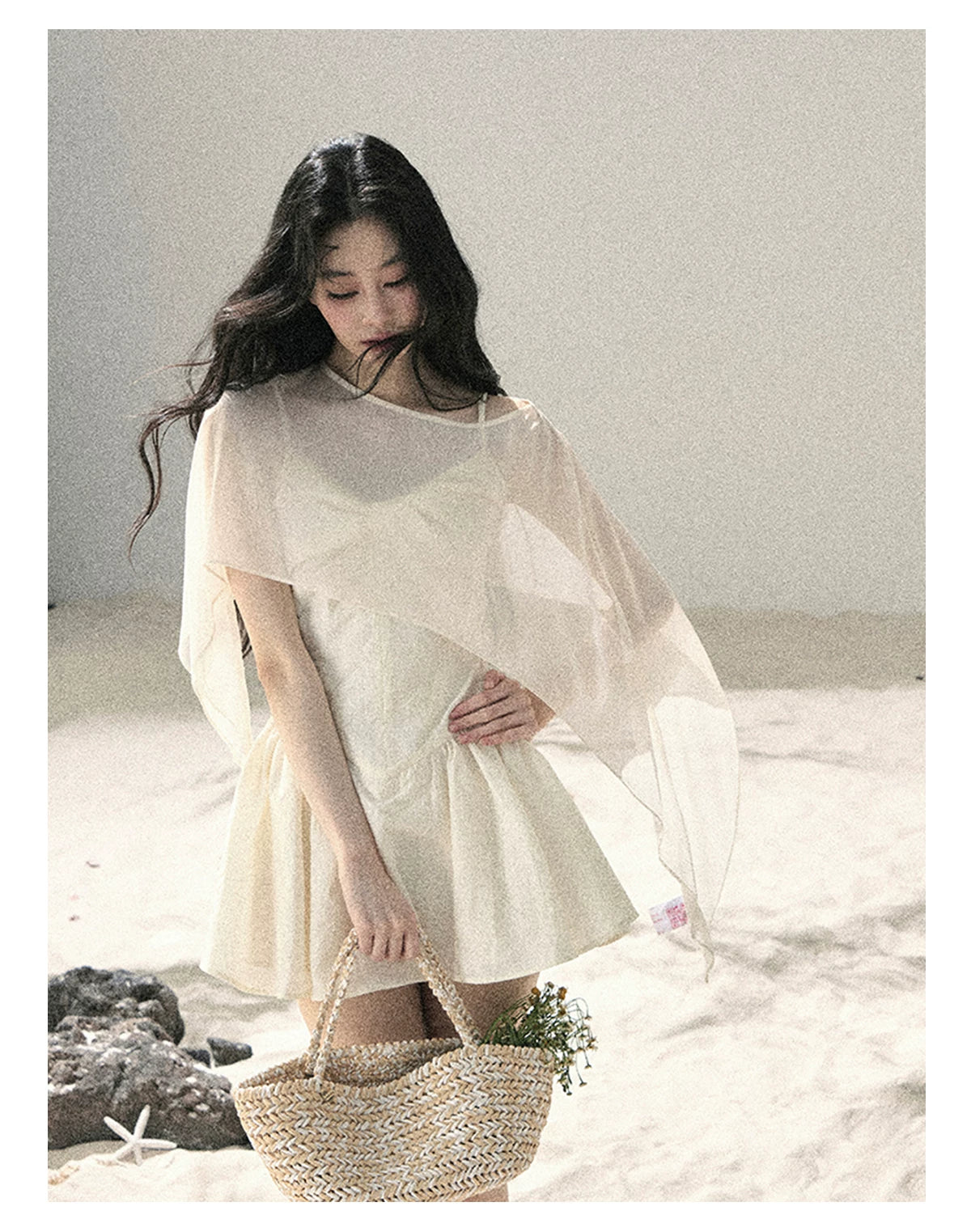 "Veiled in Mist" Cream Apricot Puff Mini Dress & Chiffon Shawl Set 5348