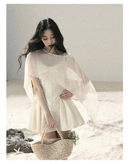 "Veiled in Mist" Cream Apricot Puff Mini Dress & Chiffon Shawl Set 5348