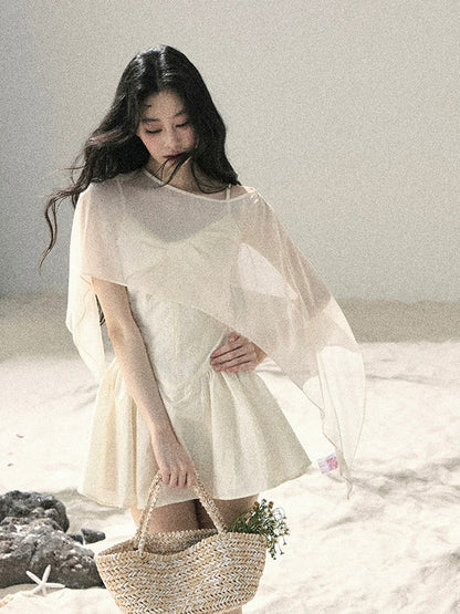 "Veiled in Mist" Cream Apricot Puff Mini Dress & Chiffon Shawl Set 5348