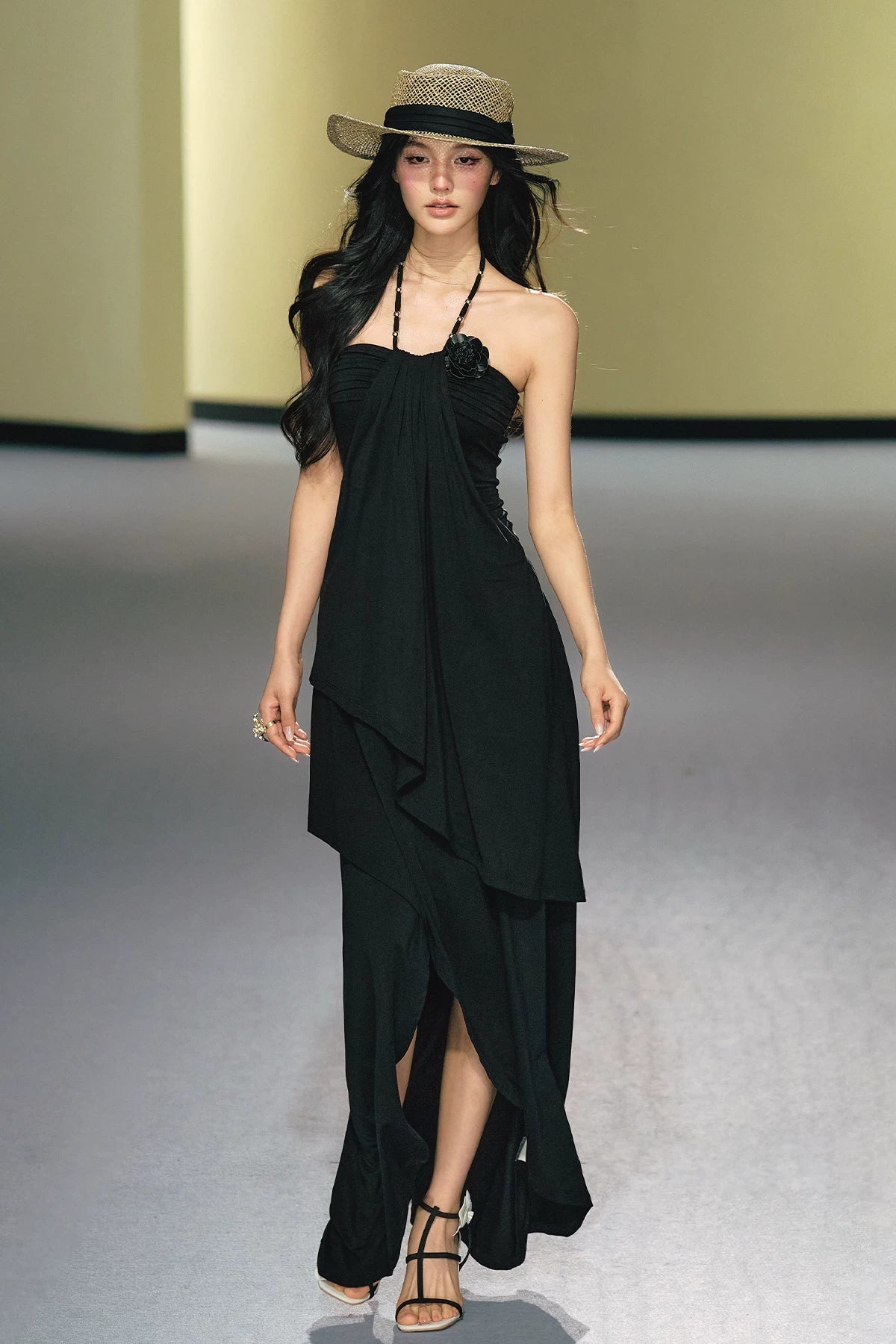 "Moonlit Reverie" Halter Layered Maxi Dress (Black/ Blush Pink)