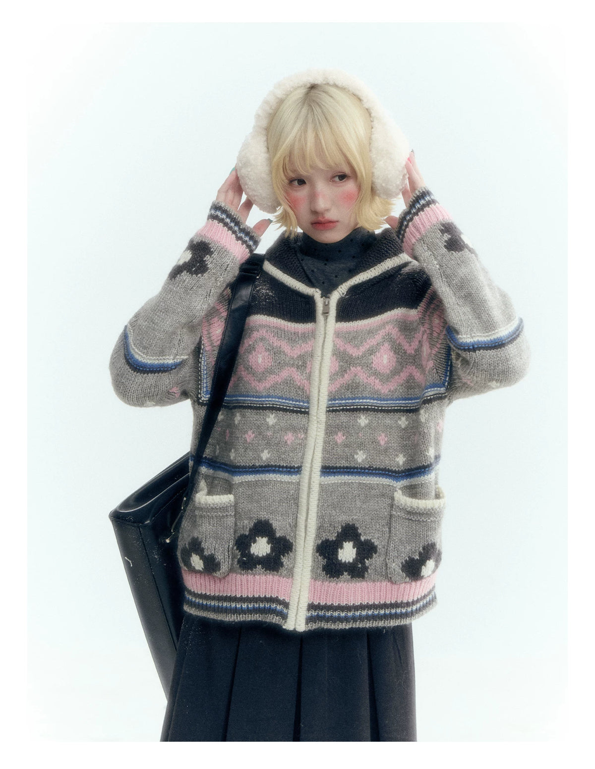 Horridale - Gray Pink Fair Isle Floral Zip-Up Knit Cardigan