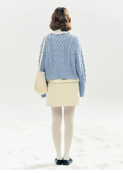 "Cotton Mousse" Cable Knit Cardigan with Detachable Ruffle Collar (Cotton Blue/ Soft White)