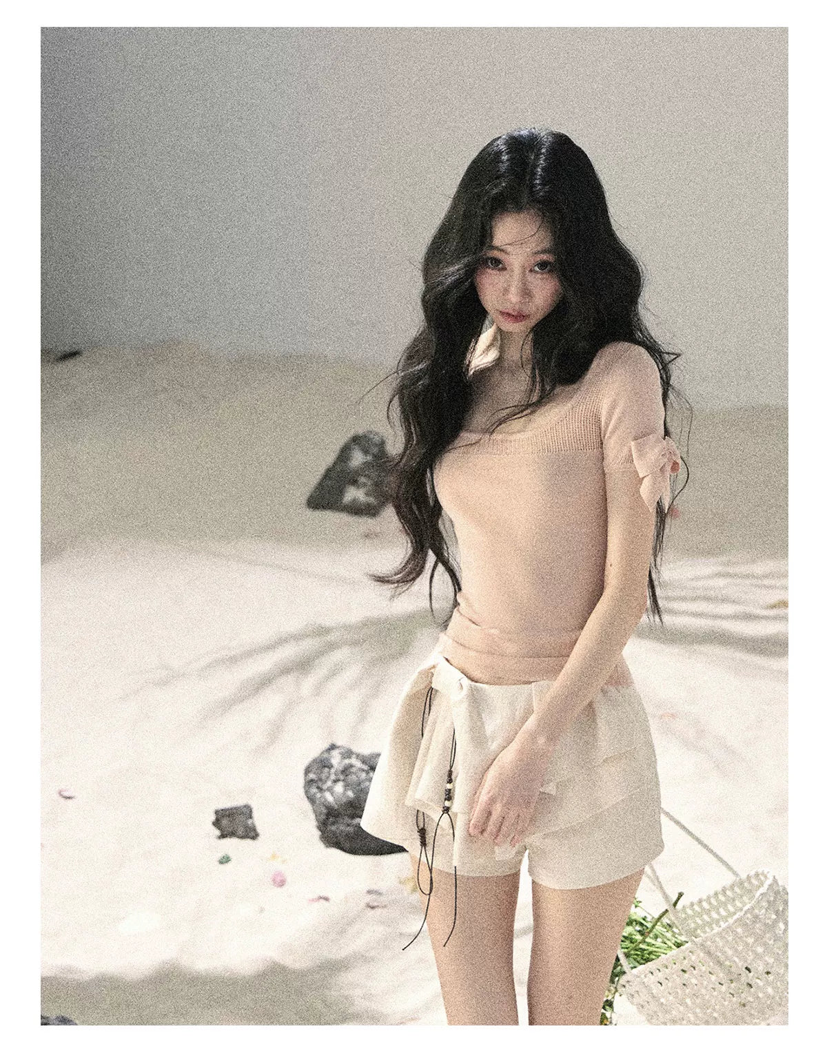 "Gentle Ocean Tide" Baby Pink Cutout Knit Crop Top 75511