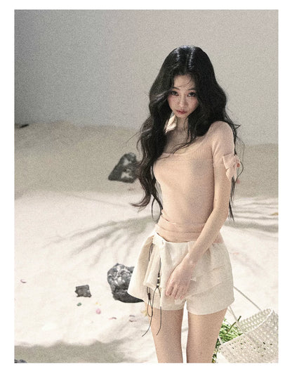 "Gentle Ocean Tide" Baby Pink Cutout Knit Crop Top 75511