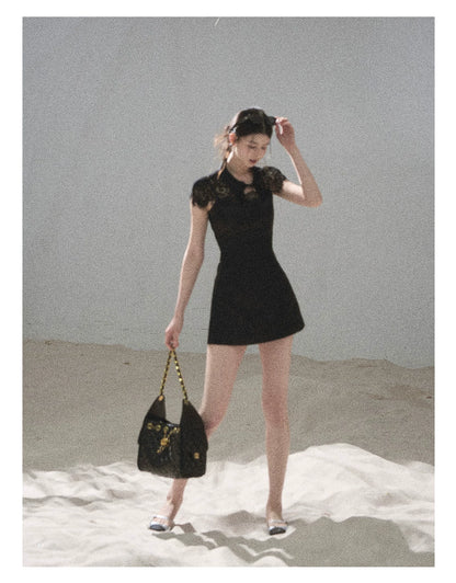 "Moonlit Rose Sonata" Tranquil Black Lace Mini Dress & Cape Set