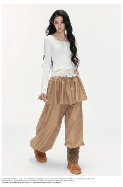 24olvides - Fitted Henley Top with Asymmetric Lace Trim (White / Brown)
