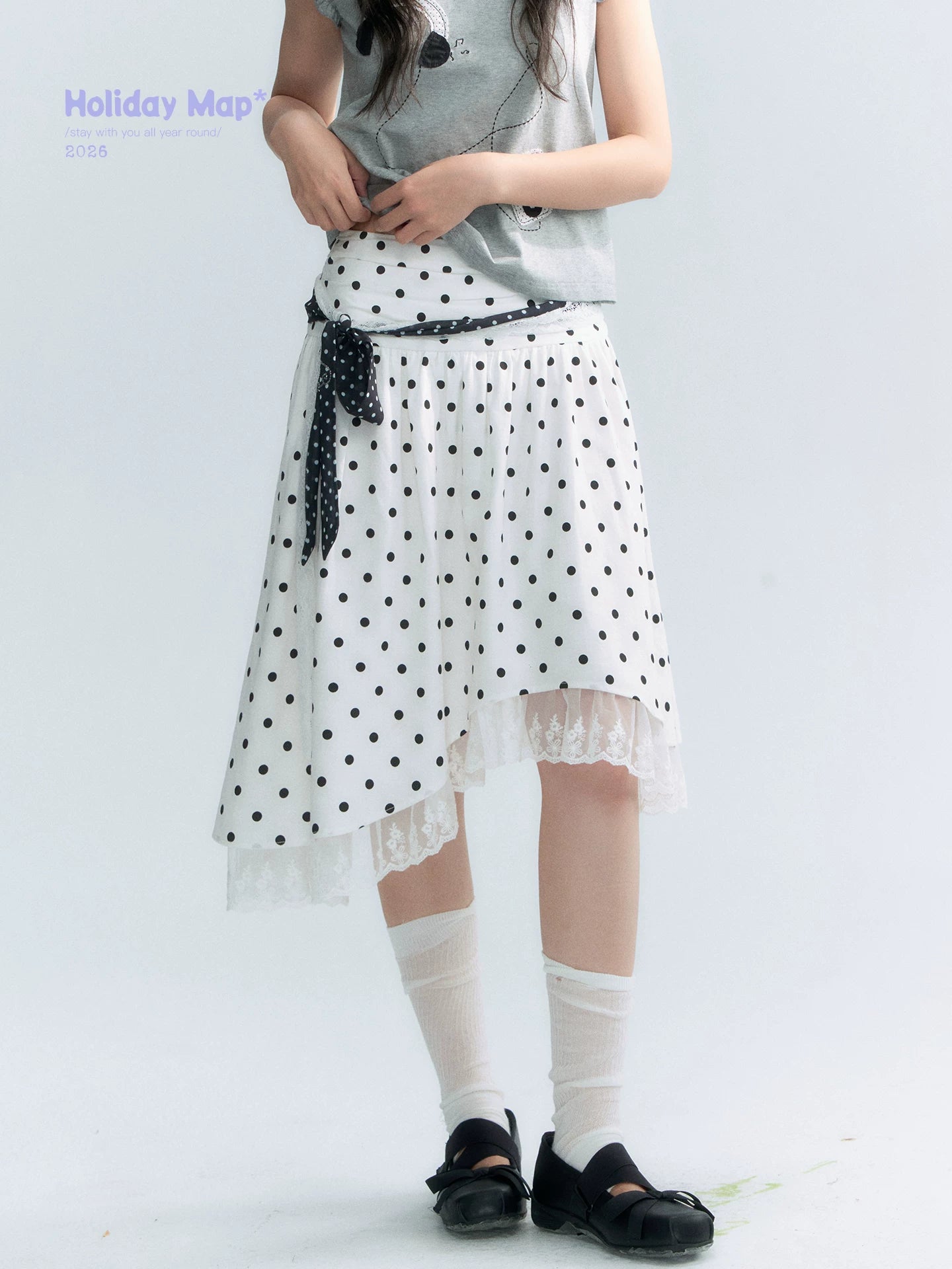 "Polka Poetry" Black & White Polka Dot Asymmetrical Cotton Skirt