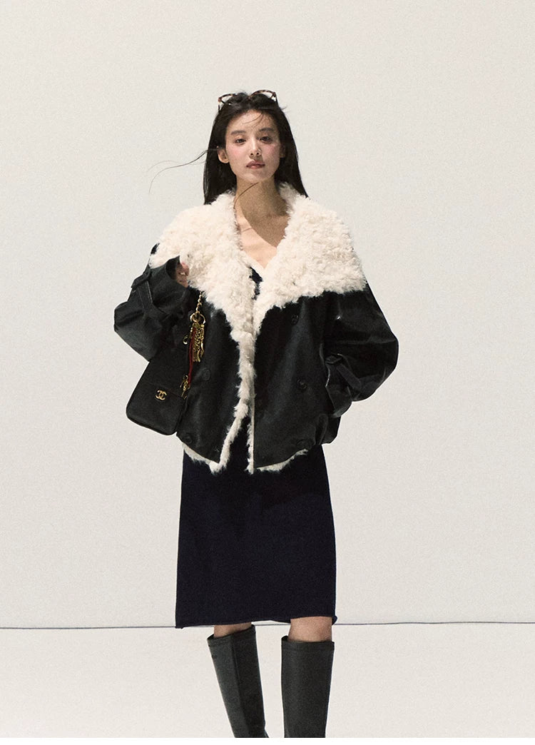 OAKMOO/ Cropped Faux Leather Shearling-Collar Jacket (Rich Black / Hazelnut Khaki)