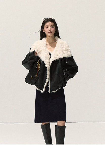 OAKMOO/ Cropped Faux Leather Shearling-Collar Jacket (Rich Black / Hazelnut Khaki)