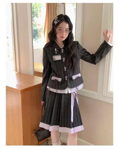 [[RF] “Ink Plaid Prelude” Gray-Purple Plaid Striped Pleated Skirt Two-Piece Set