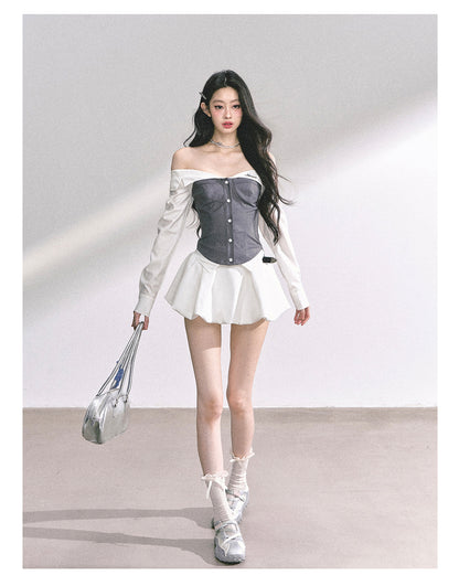 少也眼 "London Crush" Off-Shoulder Dual-Layer Long-Sleeve Spicy Girl Tee - Gray White