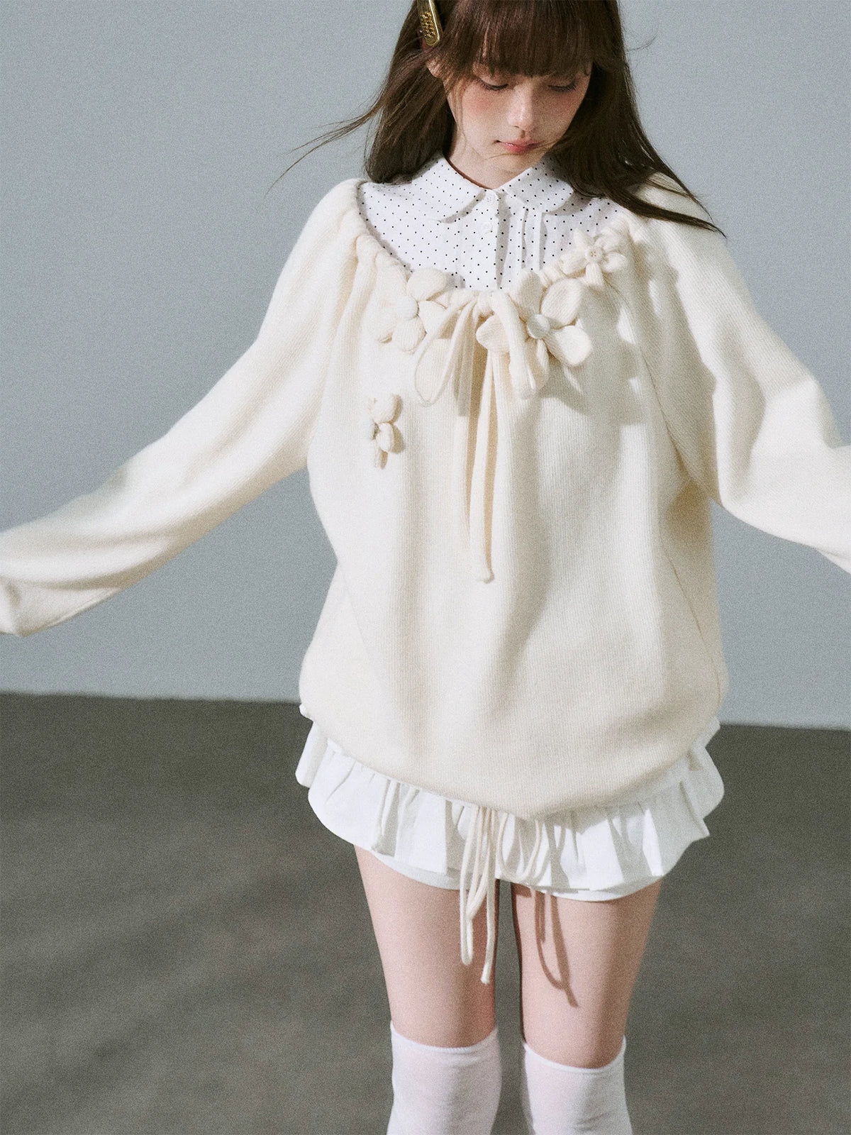 LOST FOREST - Cream Apricot Drawstring Knit Sweater
