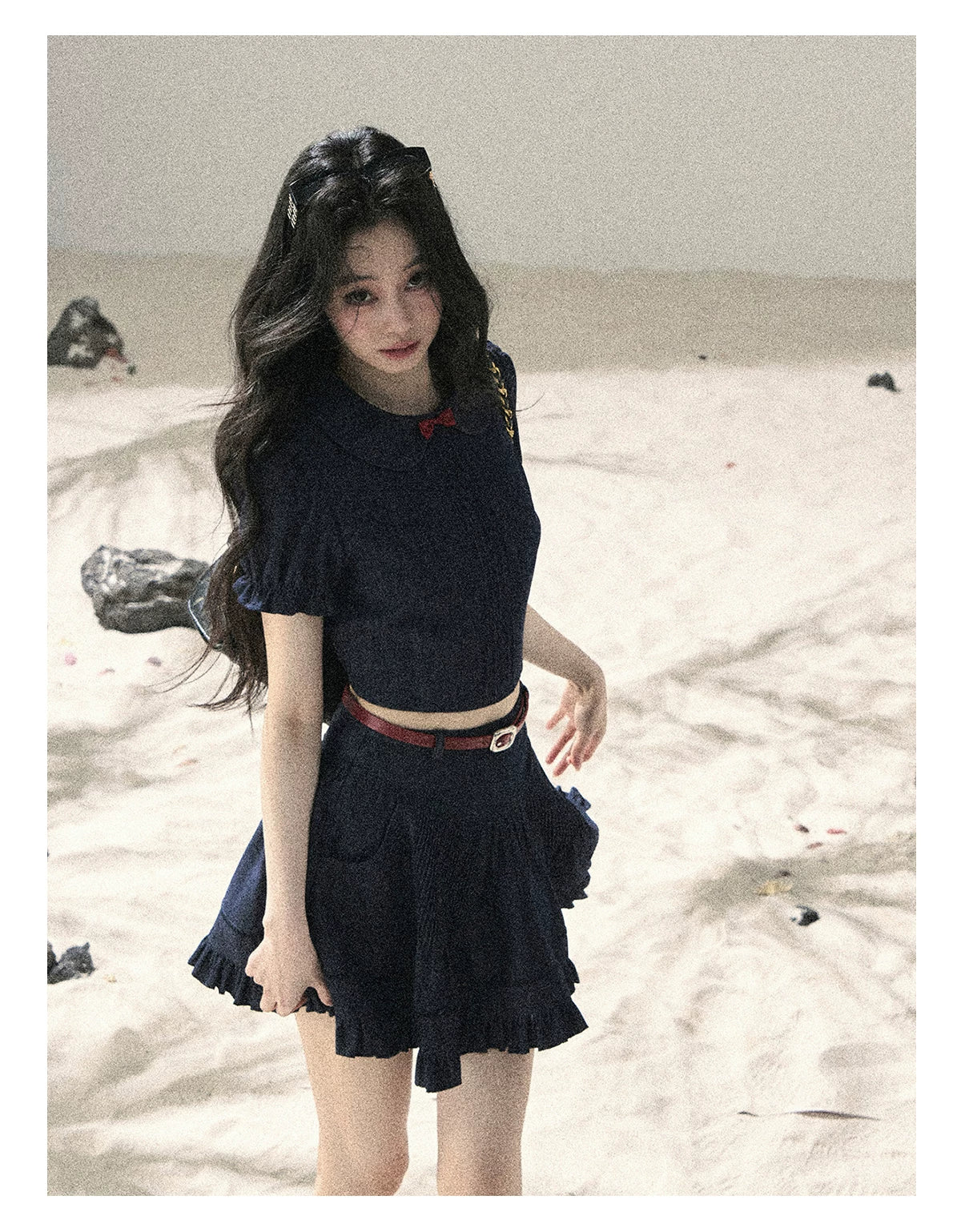 "Seaside Breeze" Navy Blue Denim Pleated Top & Mini Skirt Two-Piece Set