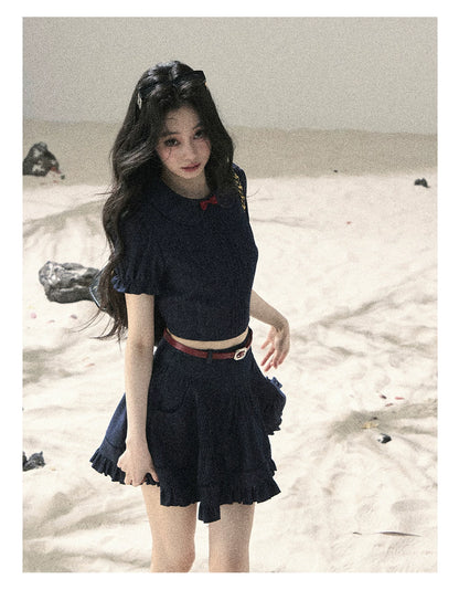 "Seaside Breeze" Navy Blue Denim Pleated Top & Mini Skirt Two-Piece Set