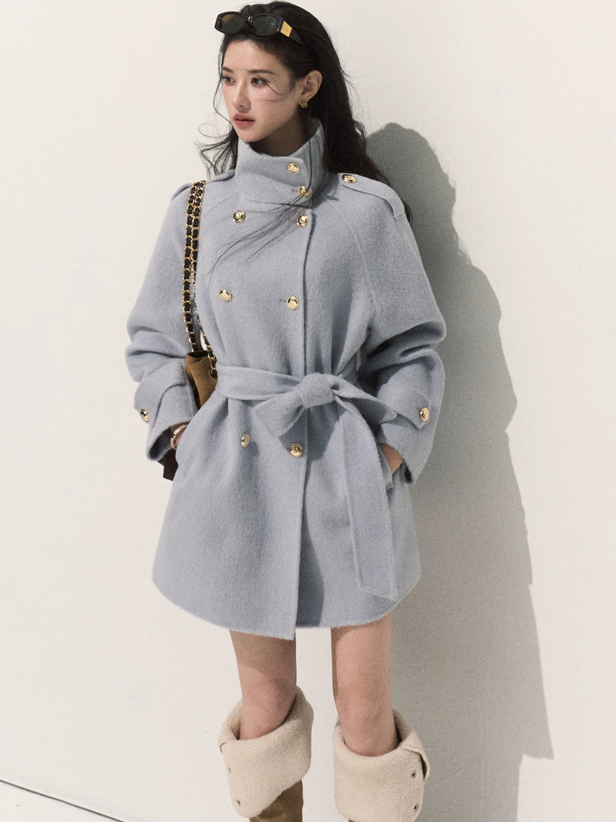 OAKMOO/ Pure Wool Belted Double-Faced Stand Collar Coat (Silver Blue / Flint Gray)