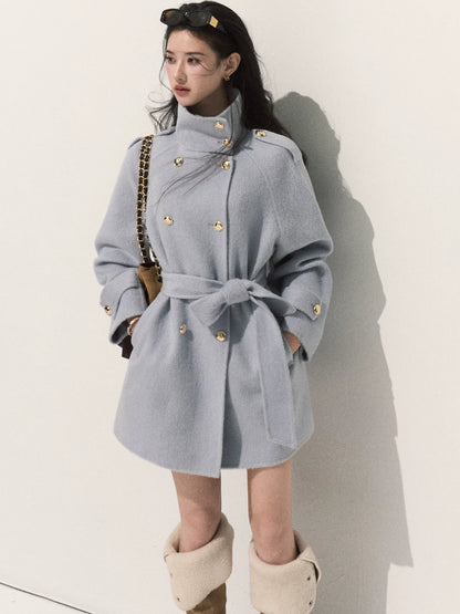 OAKMOO/ Pure Wool Belted Double-Faced Stand Collar Coat (Silver Blue / Flint Gray)