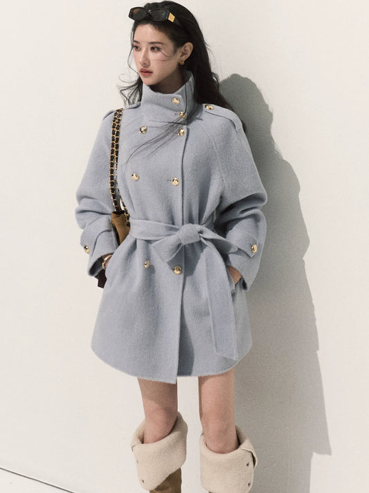 OAKMOO/ Pure Wool Belted Double-Faced Stand Collar Coat (Silver Blue / Flint Gray)