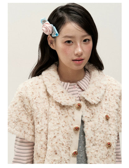 [RF] Cream Beige & Chestnut Speckle Plush Short-Sleeve Vest Jacket with Peter Pan Collar