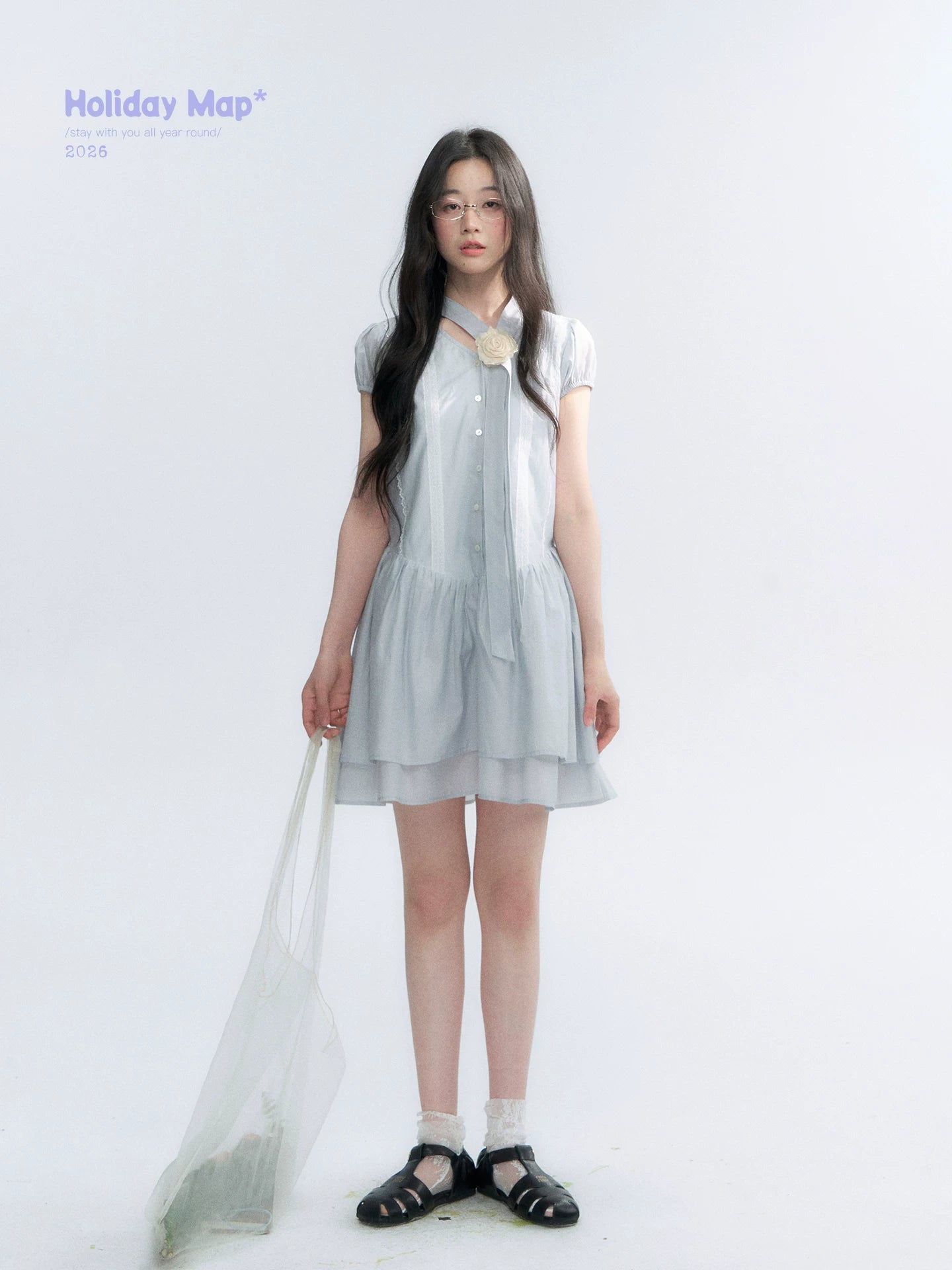 "Cedar Salt" Cool Moon Blue Lace Trim Puff Sleeve Dress