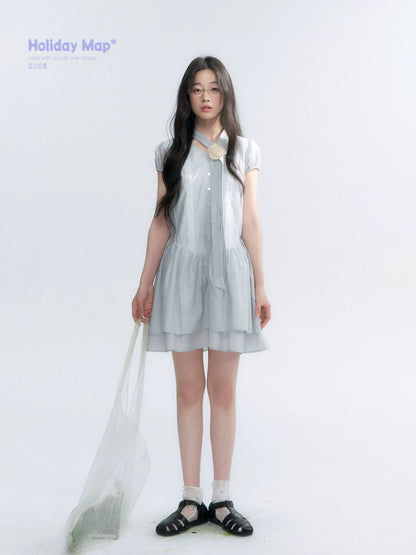 "Cedar Salt" Cool Moon Blue Lace Trim Puff Sleeve Dress