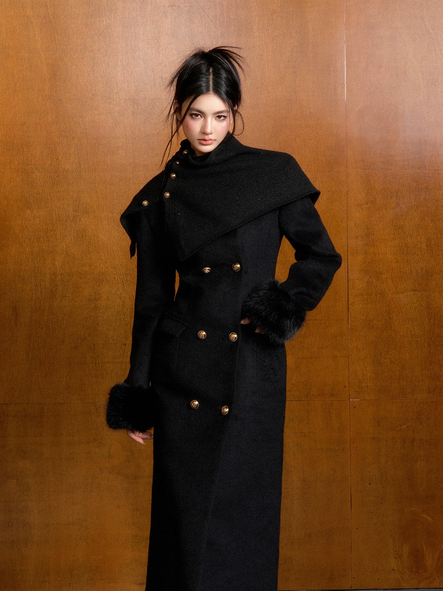 "Manor Elegance" Detachable Faux Fur Wool Coat & Knit Scarf Set