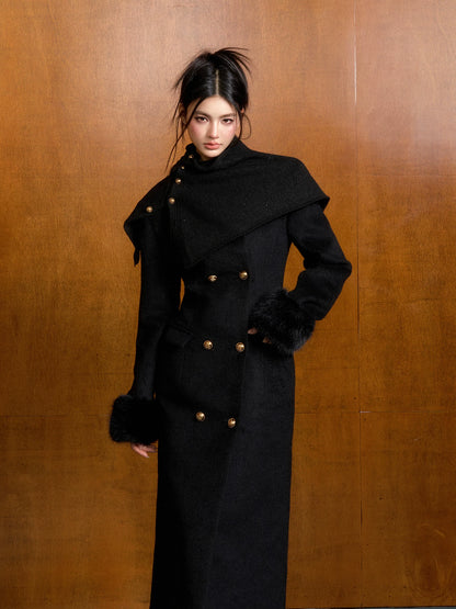 "Manor Elegance" Detachable Faux Fur Wool Coat & Knit Scarf Set