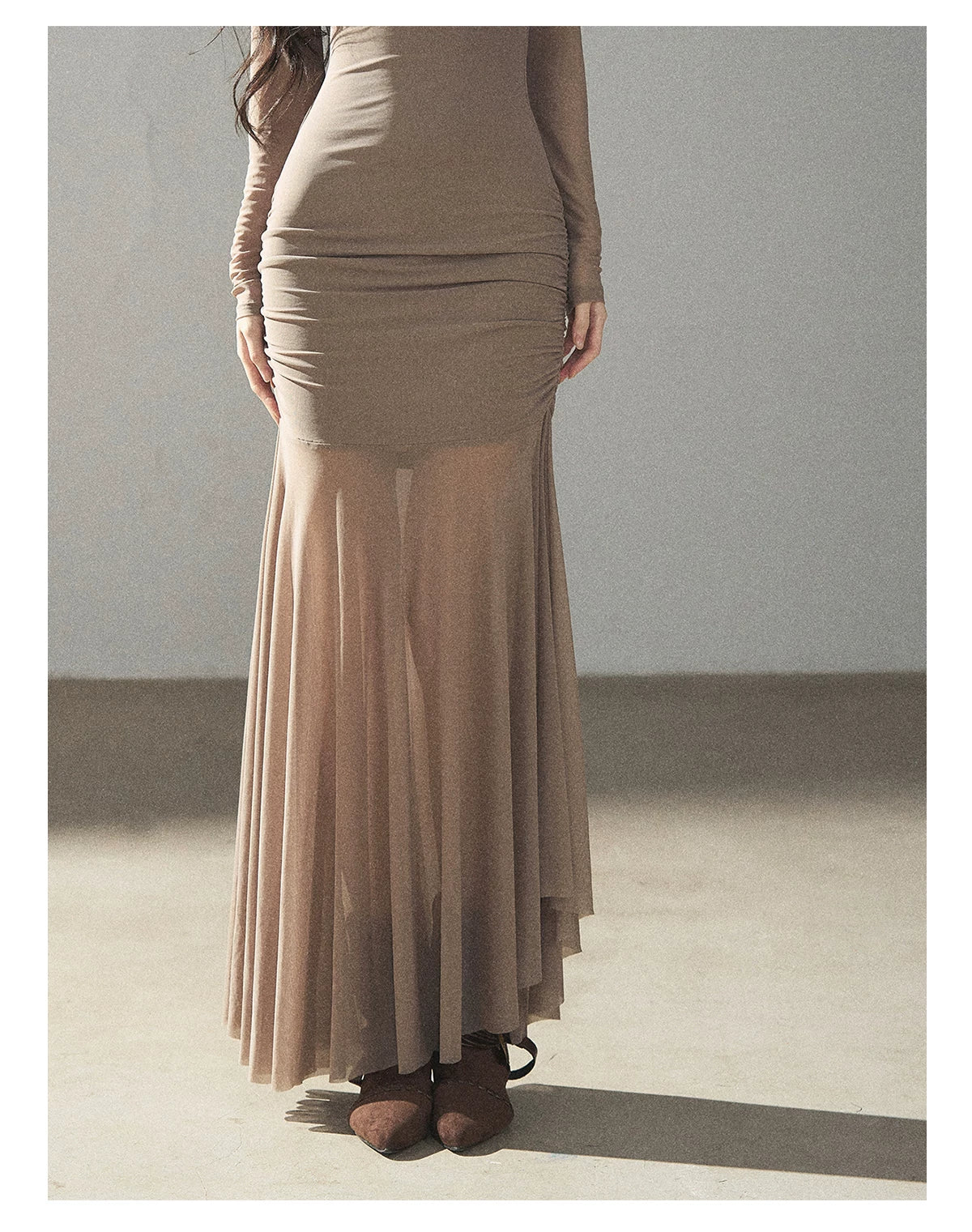 AOMALM - Milk Tea Ruched Mesh Mermaid Maxi Dress