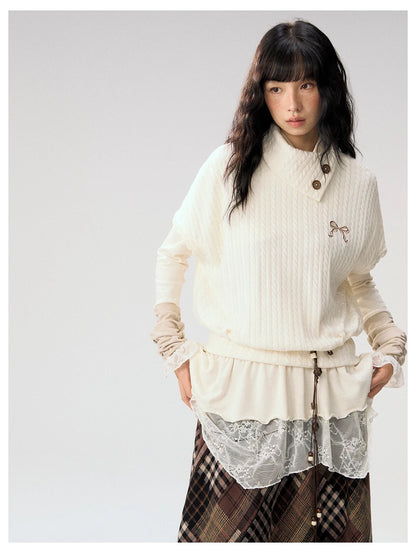 [CAN] "Cloud Knit Reverie" Ivory Cable Knit Bow Embroidered Vest