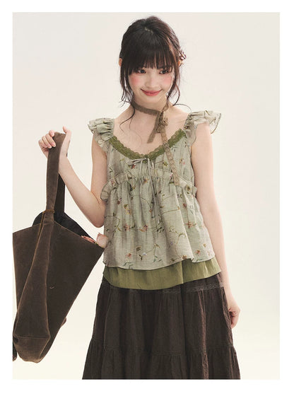 "Enchanted Forest" Moss Green Floral Lace Ruffle Cami Top