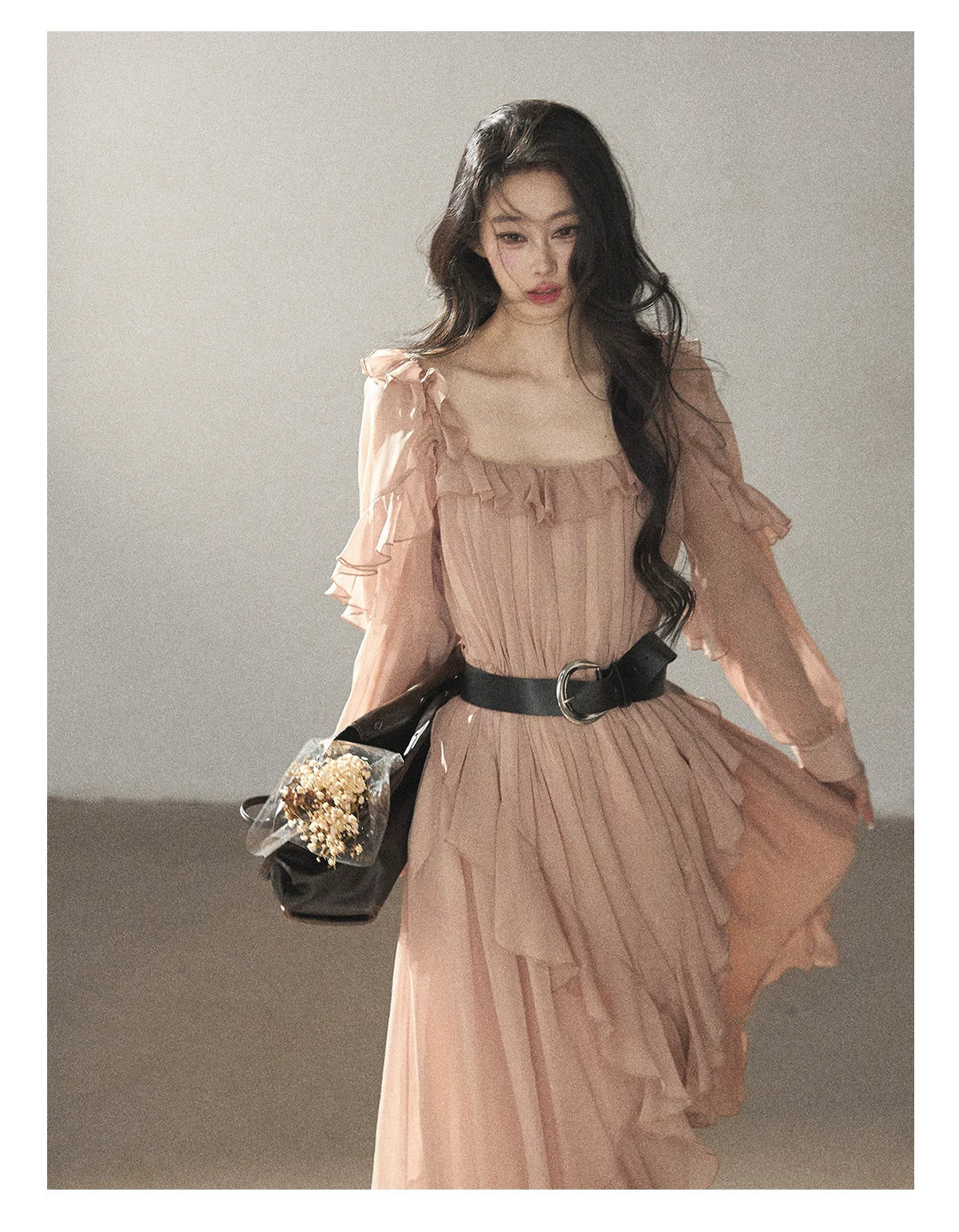 AOMALM - "Waiting for Sunset" Soft Pink French Ruffle Maxi Dress with Belt