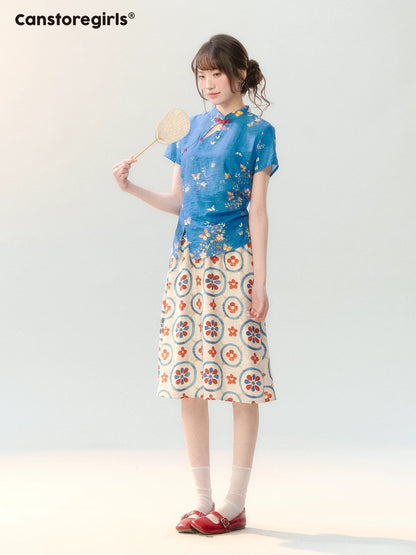 "Garden Letter" Blue Floral New Chinese Two-Piece Skirt Set