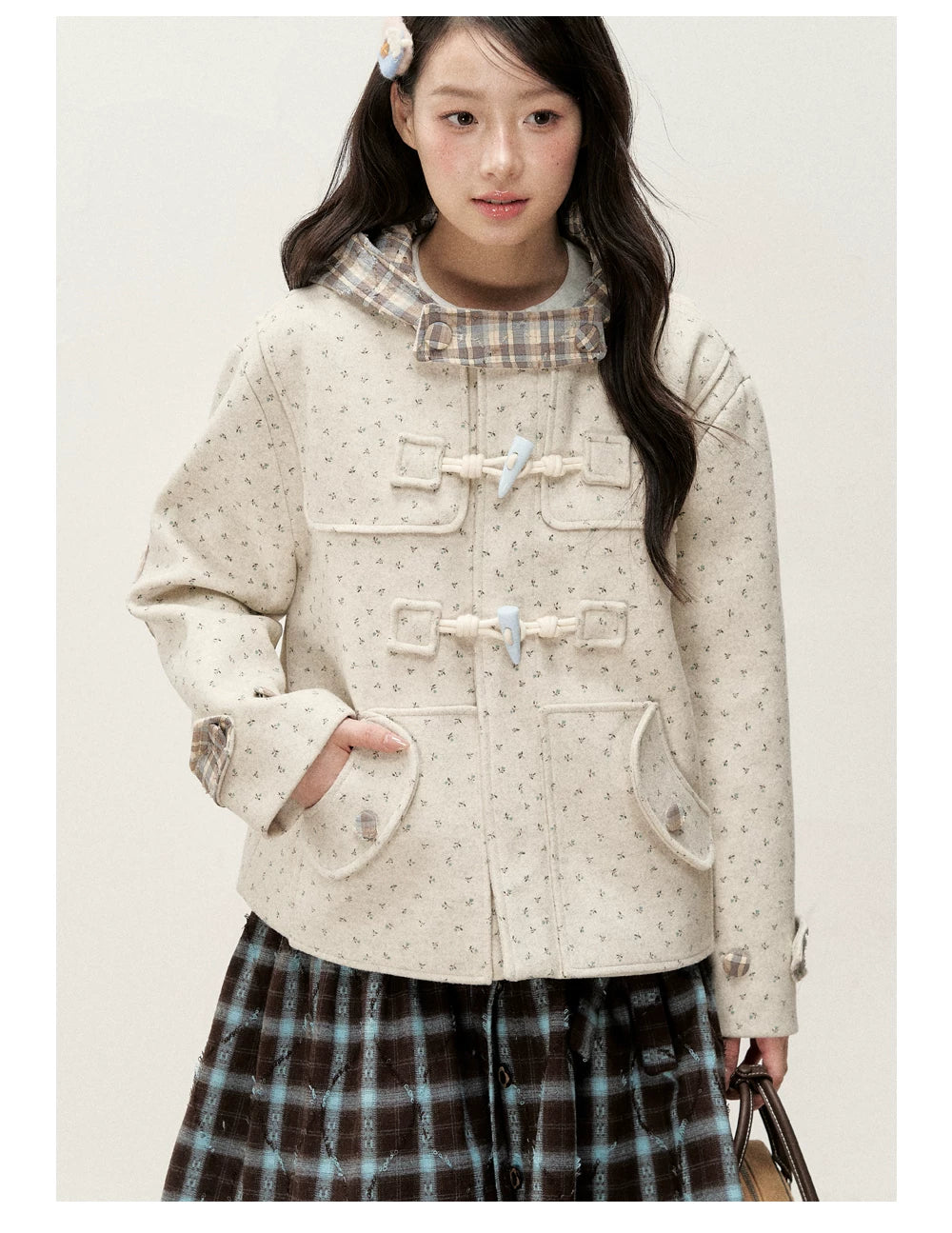 [RF] Floral Heather Beige Apricot Plaid-Trim Hooded Duffle Coat