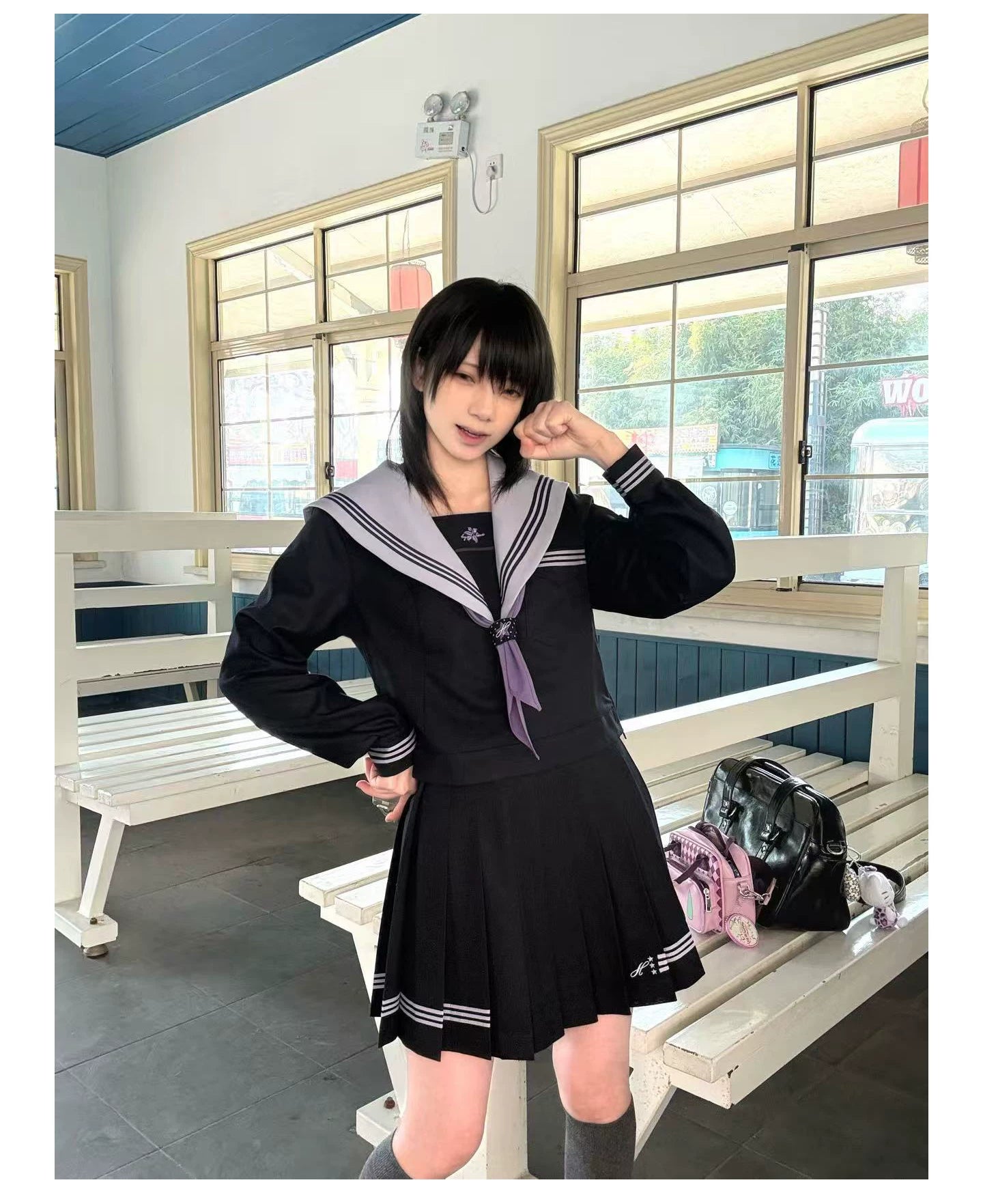 "Snow-Cleared Lily" Gray-Lilac JK Long-Sleeve Sailor Uniform Set