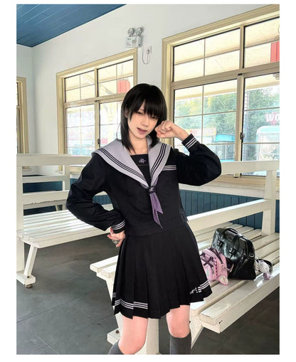 "Snow-Cleared Lily" Gray-Lilac JK Long-Sleeve Sailor Uniform Set