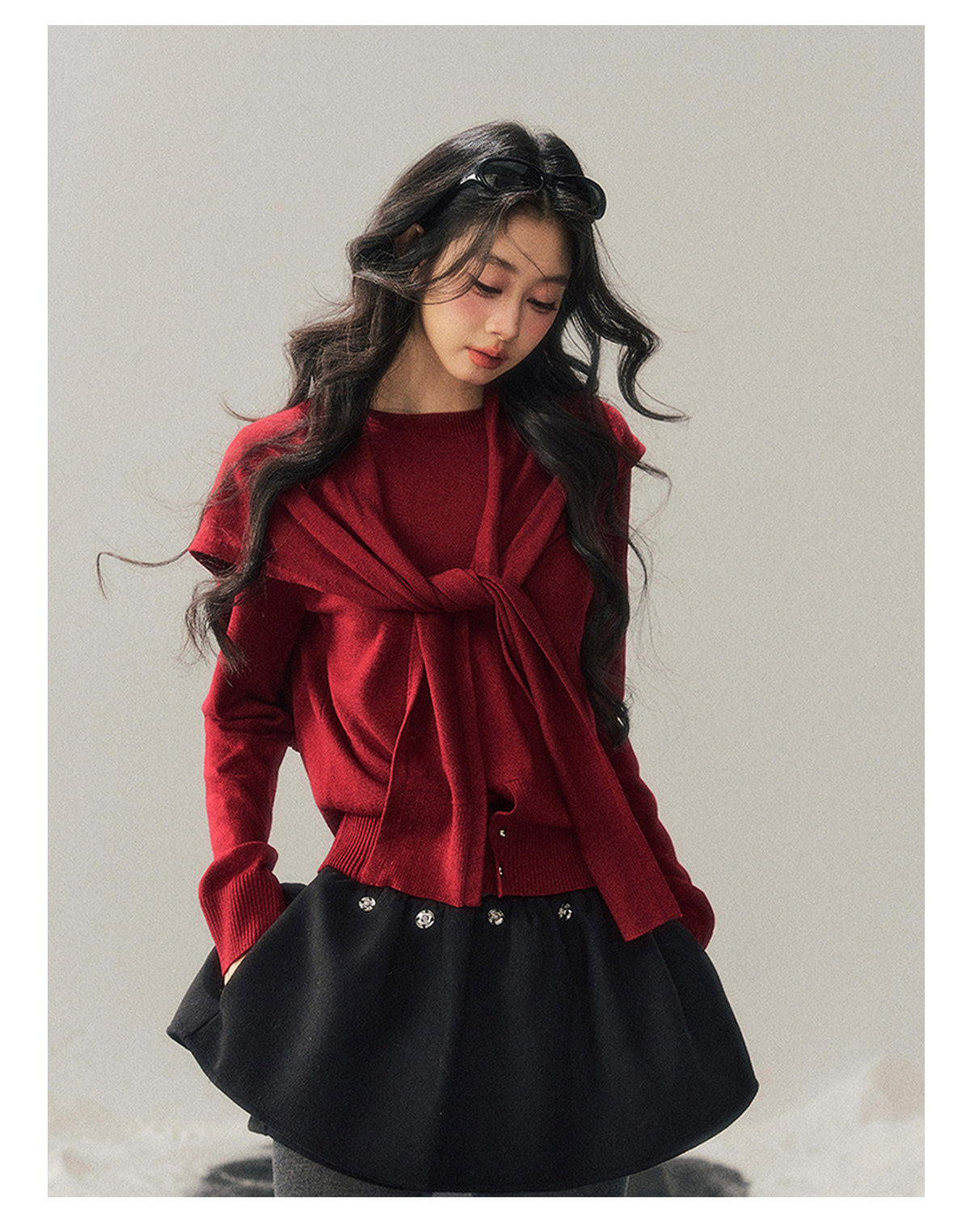 040126 "Orlane Academy" American Preppy Knit Top & Shawl Set - Angora Red