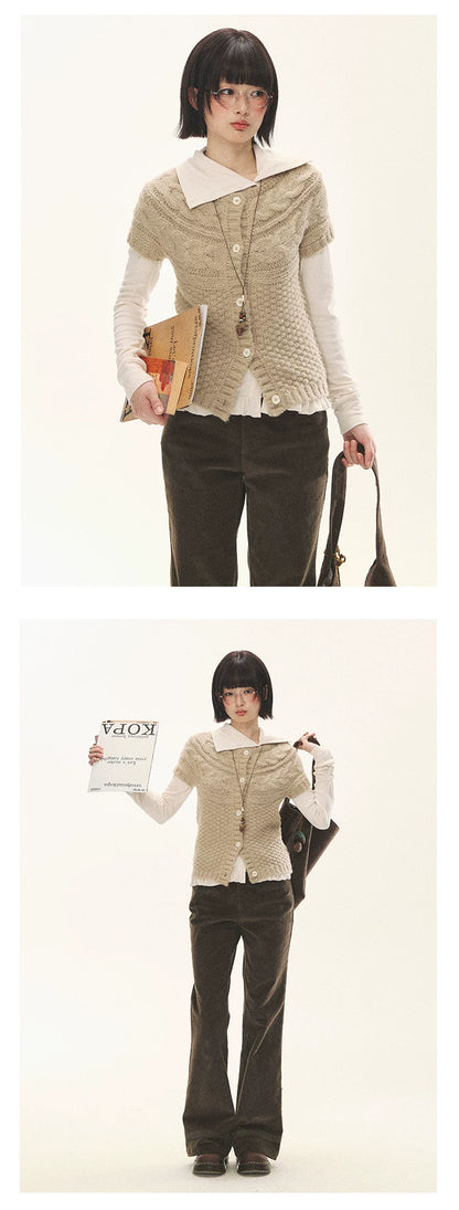 "Cotton Ruffle" Tea Apricot Asymmetric Knit Cardigan