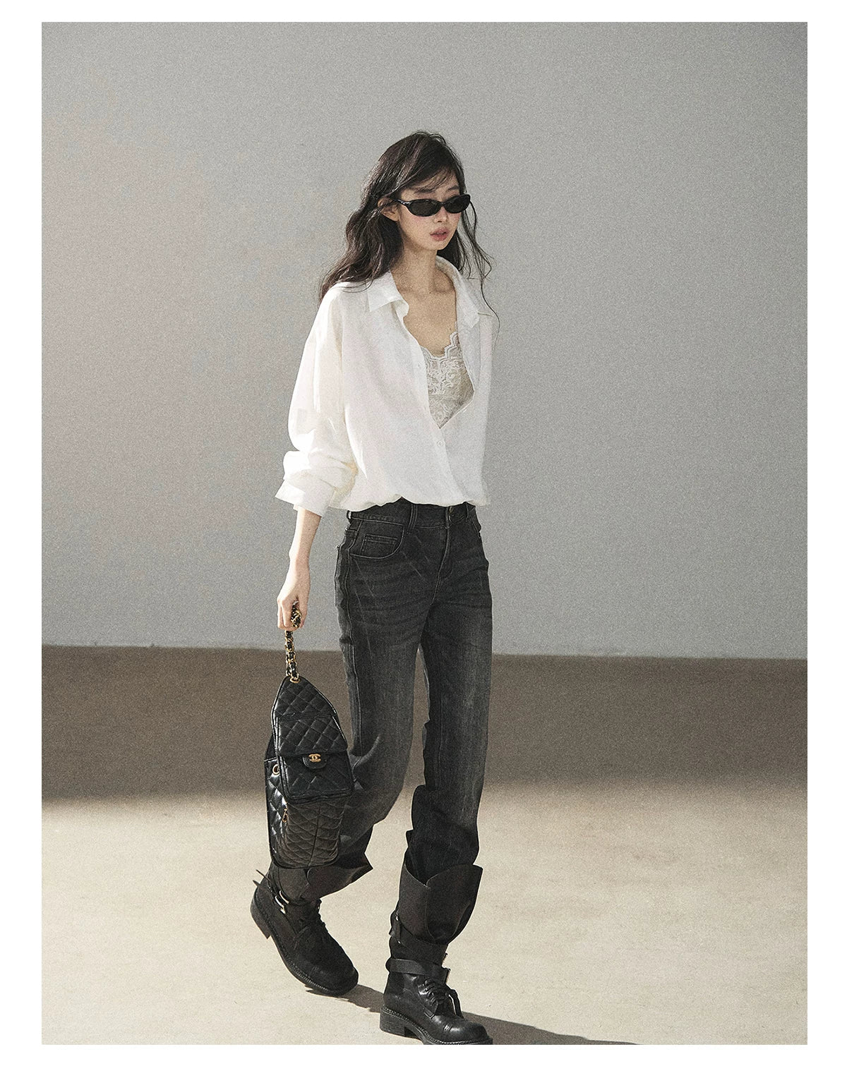 AOMALM - "Wandering Sunlight" Almond Beige Faux Two-Piece Lace Shirt Top