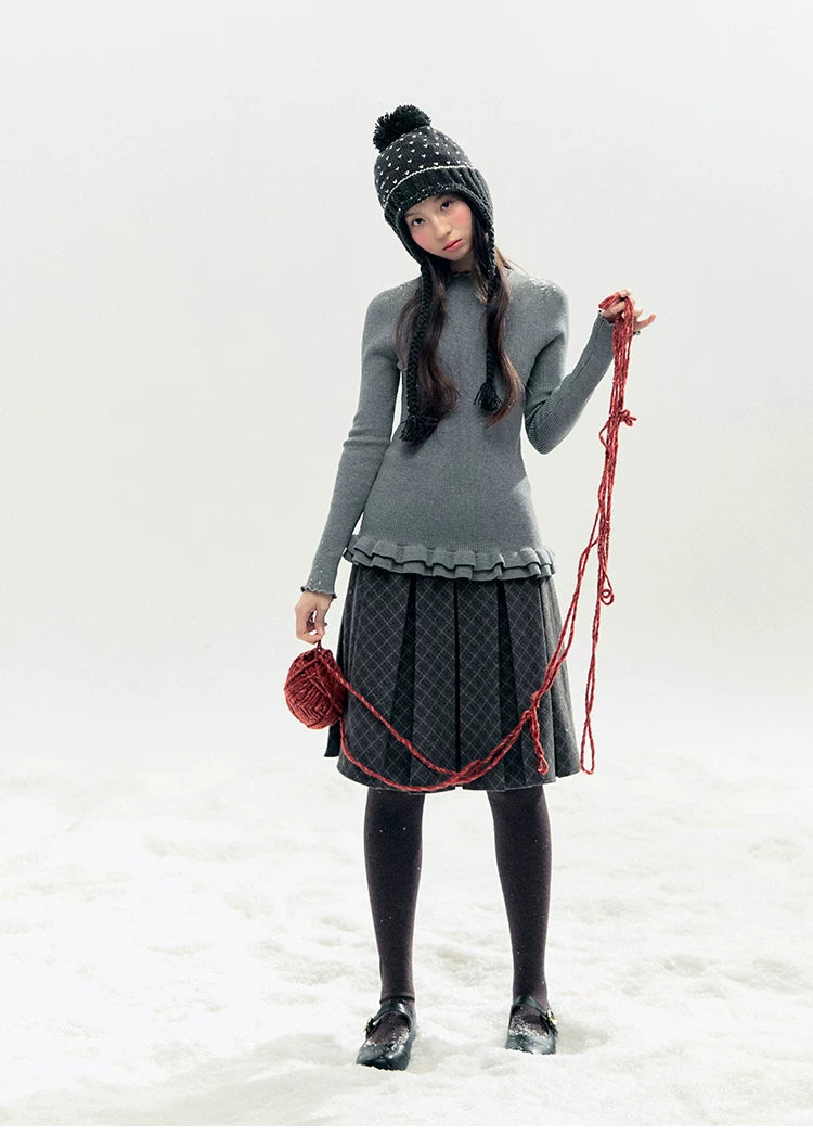 "Soft Whisper" Ruffle Mock Neck Ribbed Knit Top (Ivory/ Smoky Gray)
