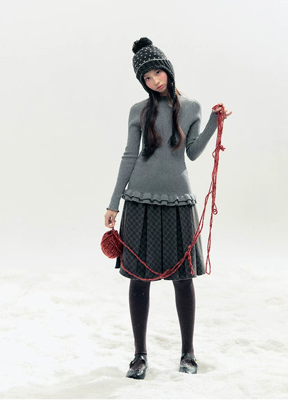 "Soft Whisper" Ruffle Mock Neck Ribbed Knit Top (Ivory/ Smoky Gray)