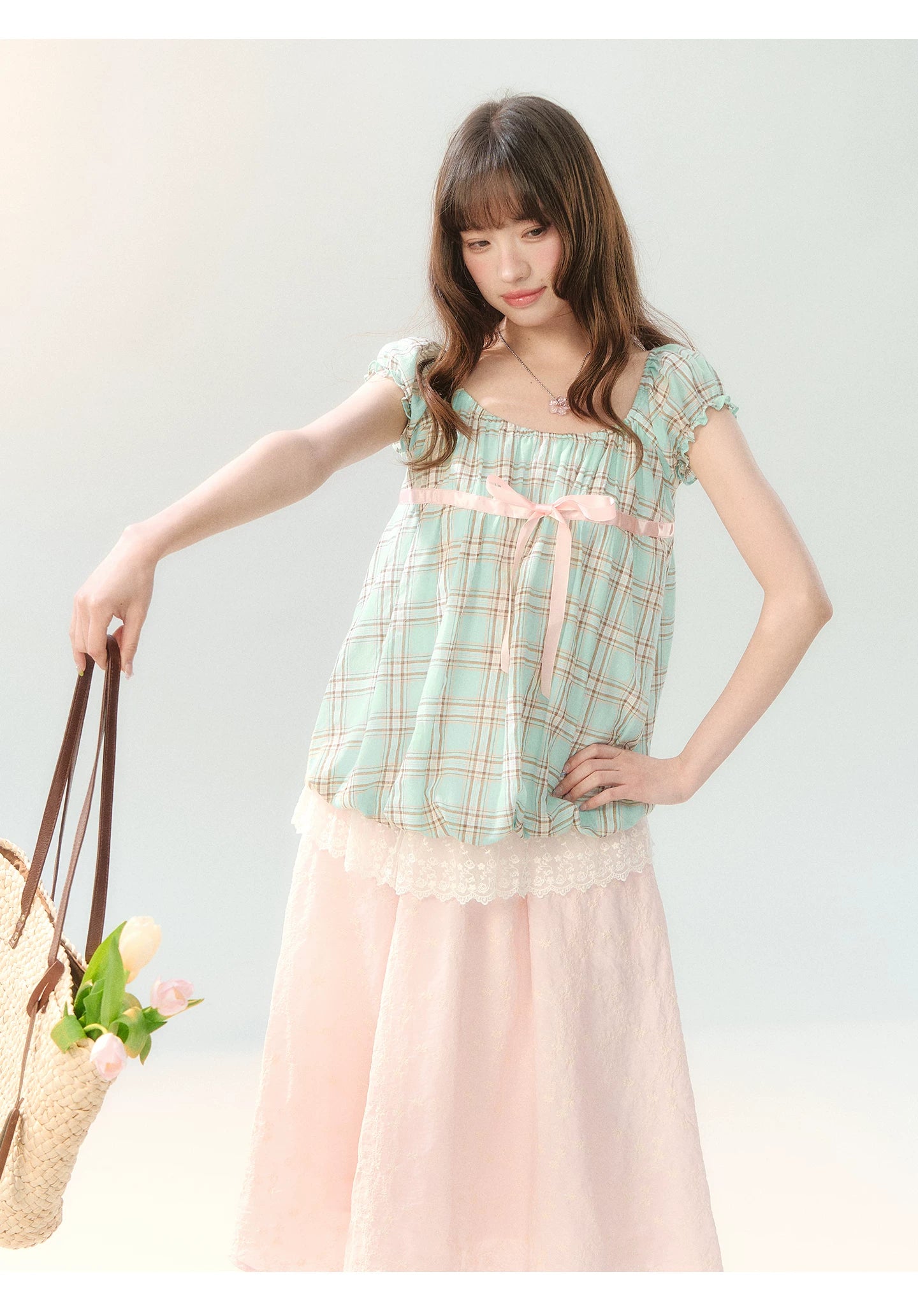"Mint Peach Whisper" Mint Green Plaid Embroidered Skirt Set LL2026196