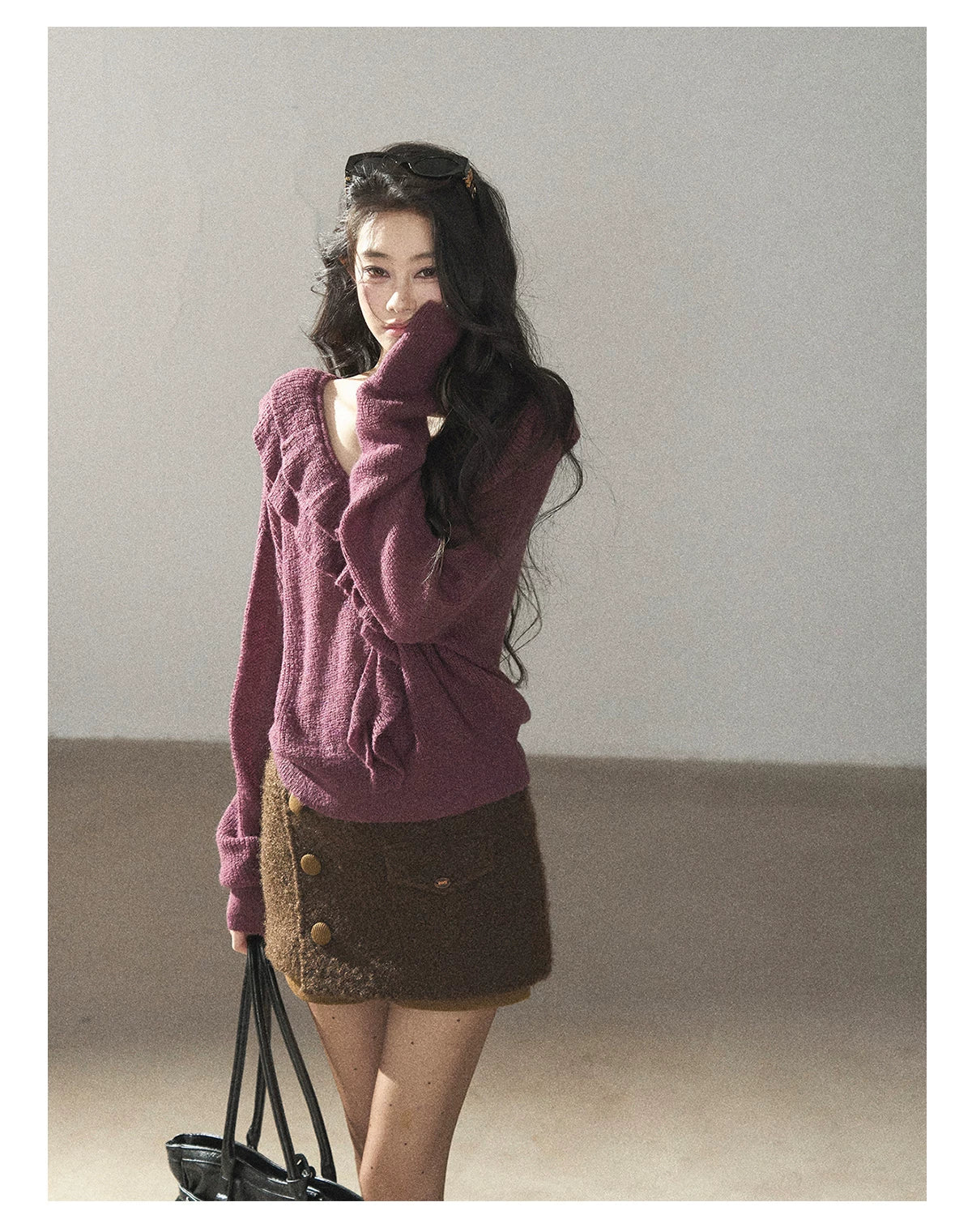 AOMALM - "A Softer Breath" Midnight Purple Ruffle V-Neck Sweater
