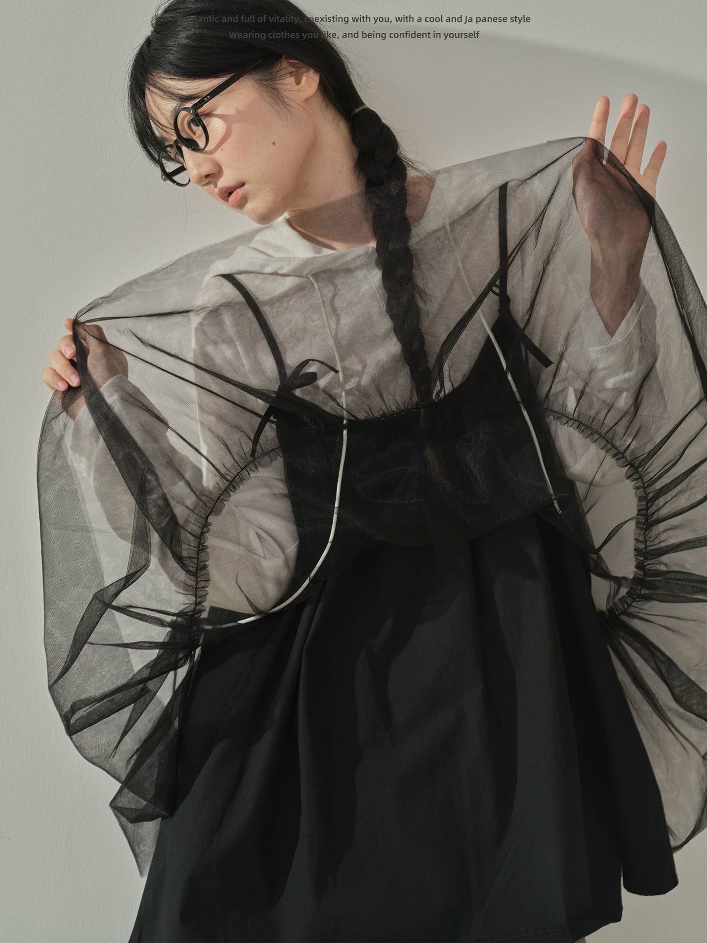 "Airy Veil" Layering Mesh Cami Top (Black / White)