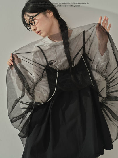 "Airy Veil" Layering Mesh Cami Top (Black / White)