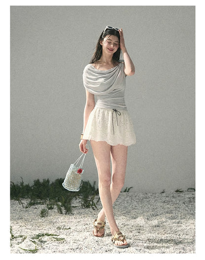 “When the Wind Stole Moonlight” Moonstone Draped Off-Shoulder Top
